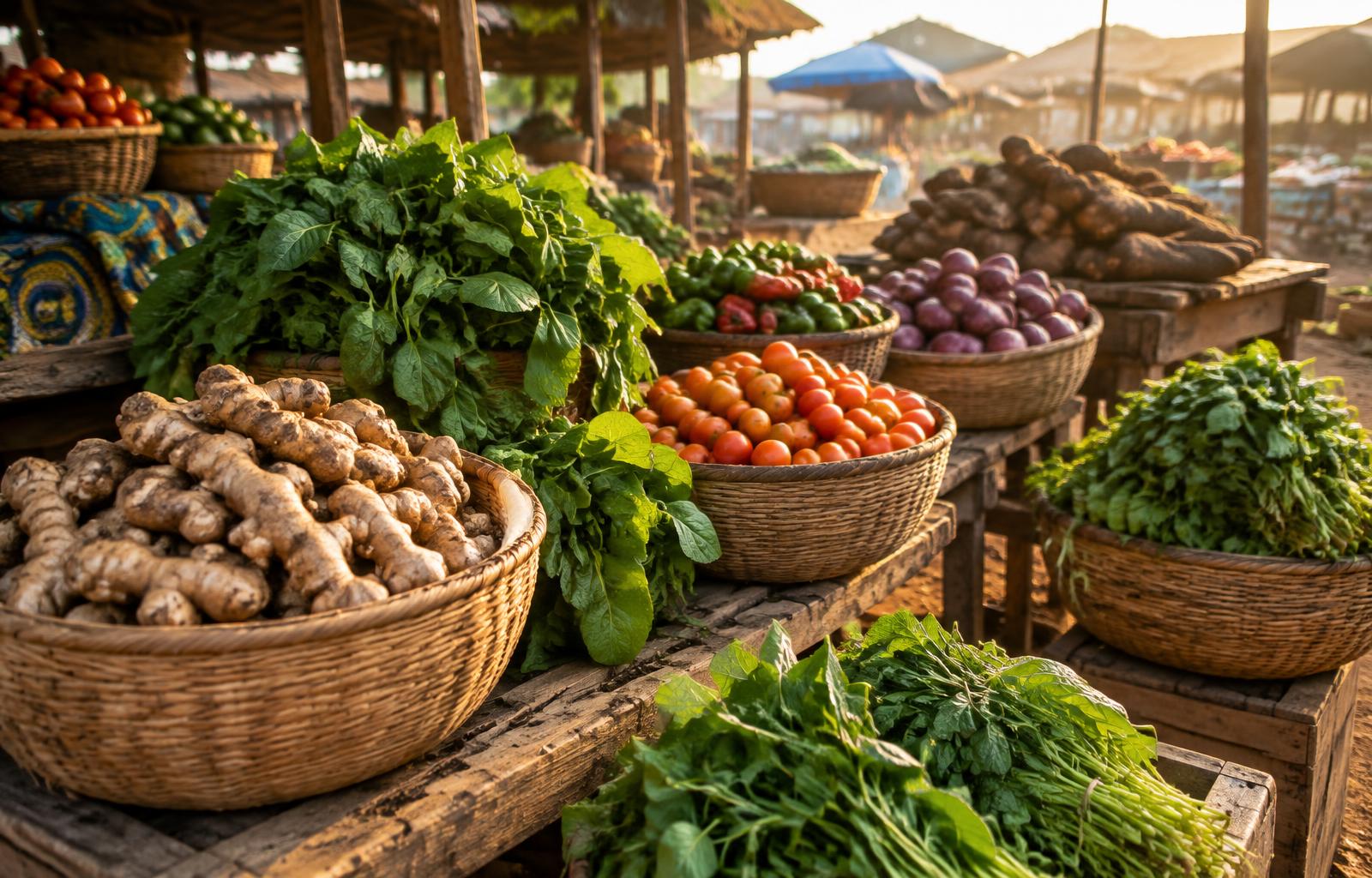 A Nigerian open-air market with baskets of fresh produce — illustrative image